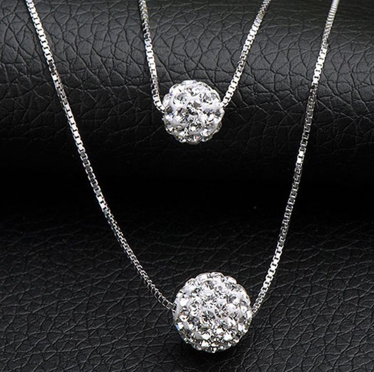 Korean 925 White Gold Clavicle Necklace with Diamond Ball Pendant