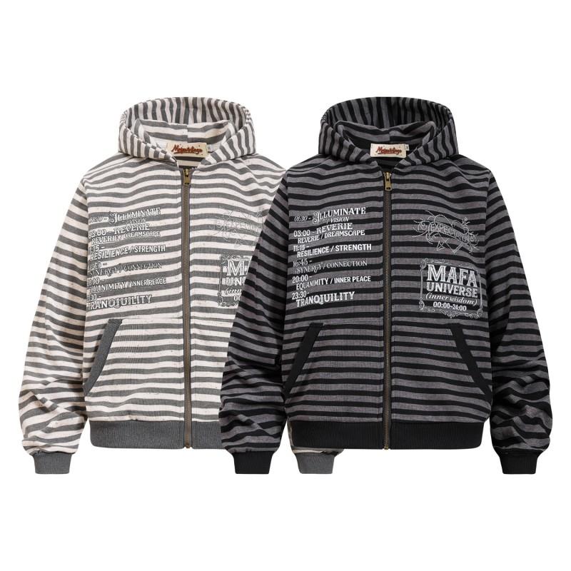 American Vintage Striped Zip Up Hoodie Men Women Distressed Print Rhinestone Loose Casual Jacket