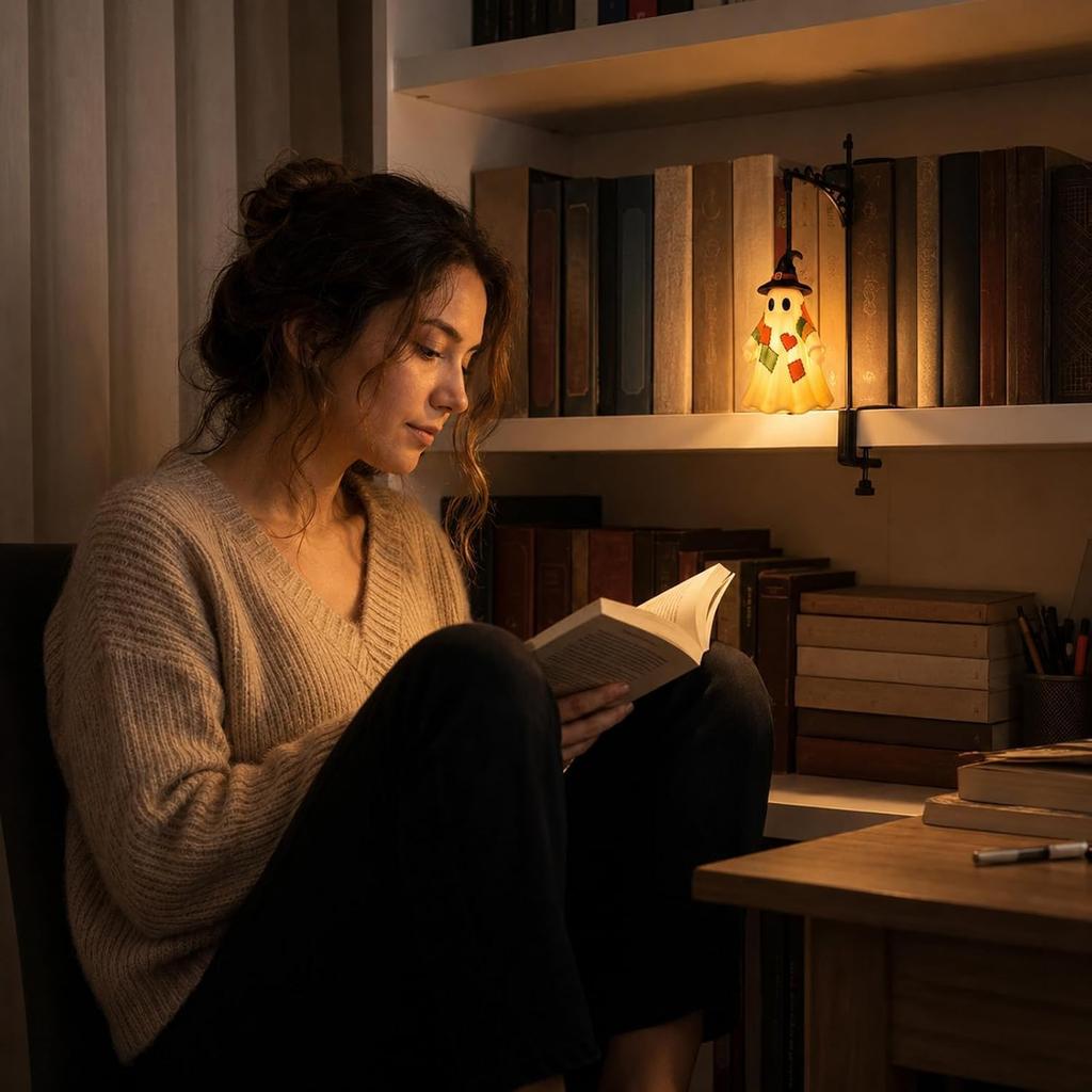 Ghost Bookshelf Lantern Design B - Warm LED Book Light Vintage Halloween Decor for Reading Corners Study Rooms Home Libraries Book Lover Gifts