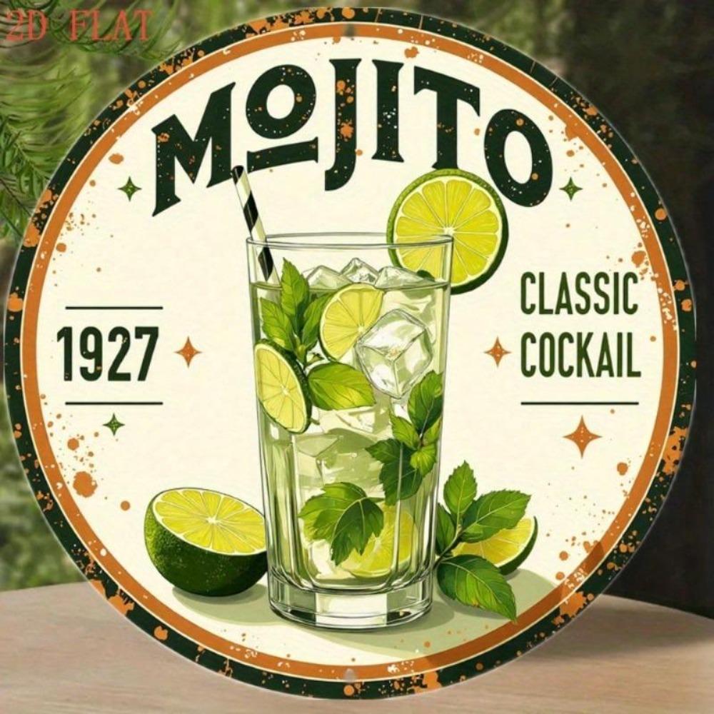 Vintage plechová cedule Mojito koktejl, kulatá, rustikální dekorace na stěnu