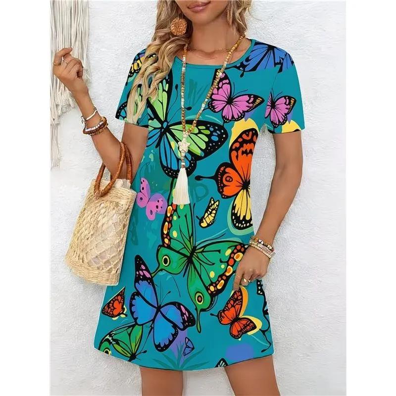 Fashion Women's Crew Neck Dress 3D Butterfly Color Printed Butterfly Dress