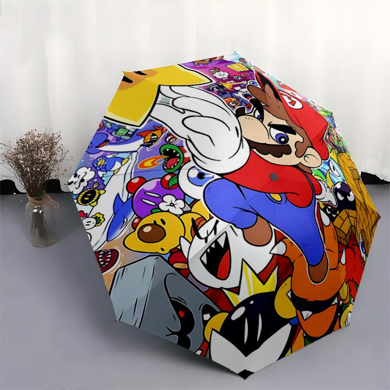 1pc Colorful Journey Super Mario Adventure Automatic 3-Fold Cartoon Practical Umbrella Design, Cute Cartoon Pattern, Portable Outdoor Umbrella, Perfec