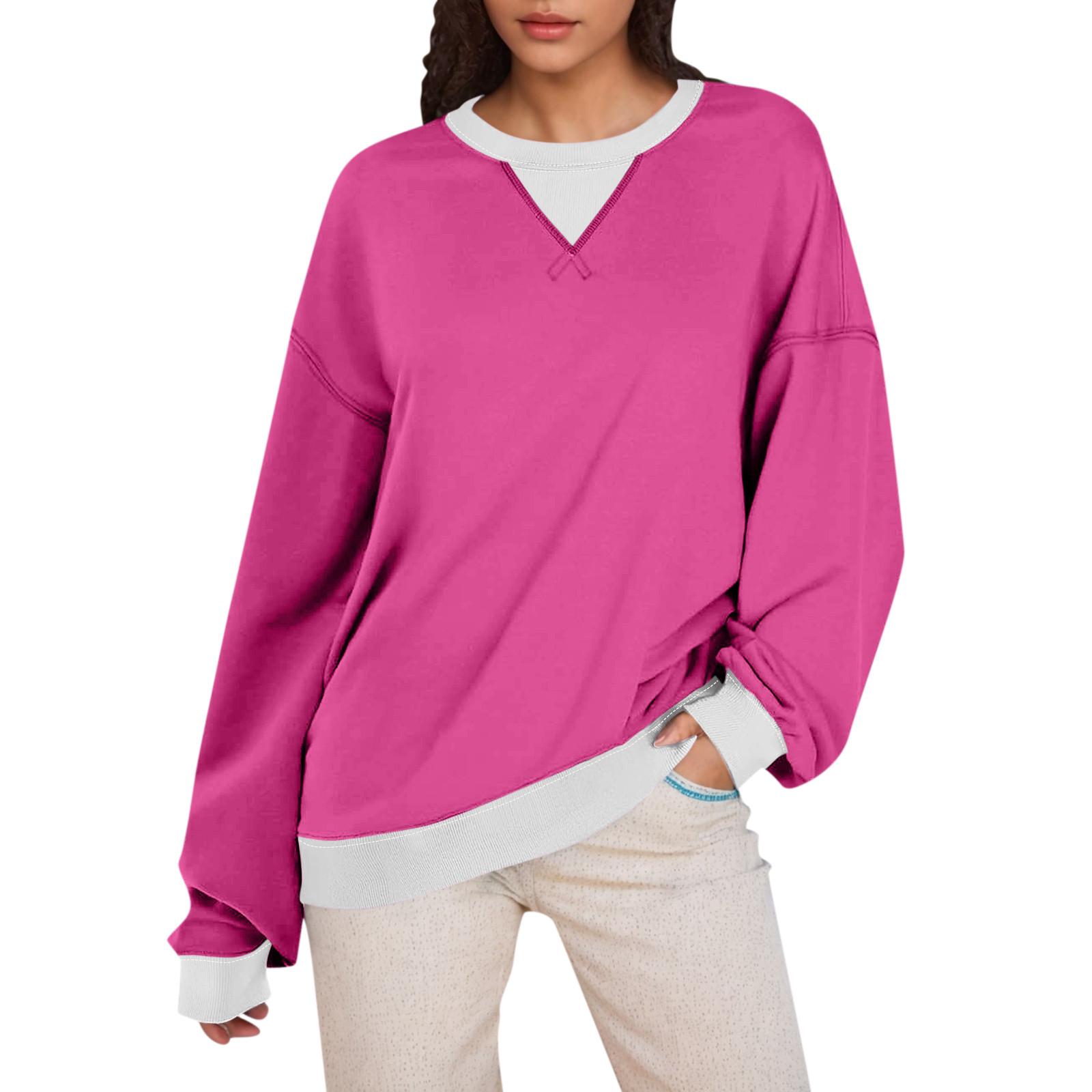 

Женская толстовка большого размера с цветными блоками, толстовки с длинным рукавом, рубашка с круглым вырезом, осенний пуловер, топ, модная одежда XL горячий розовый