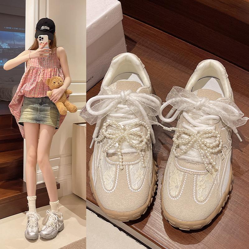 

2025 spring and summer new lace splicing casual style pearl belt inner height-increasing sports Agande training shoes 40 абрикосовий