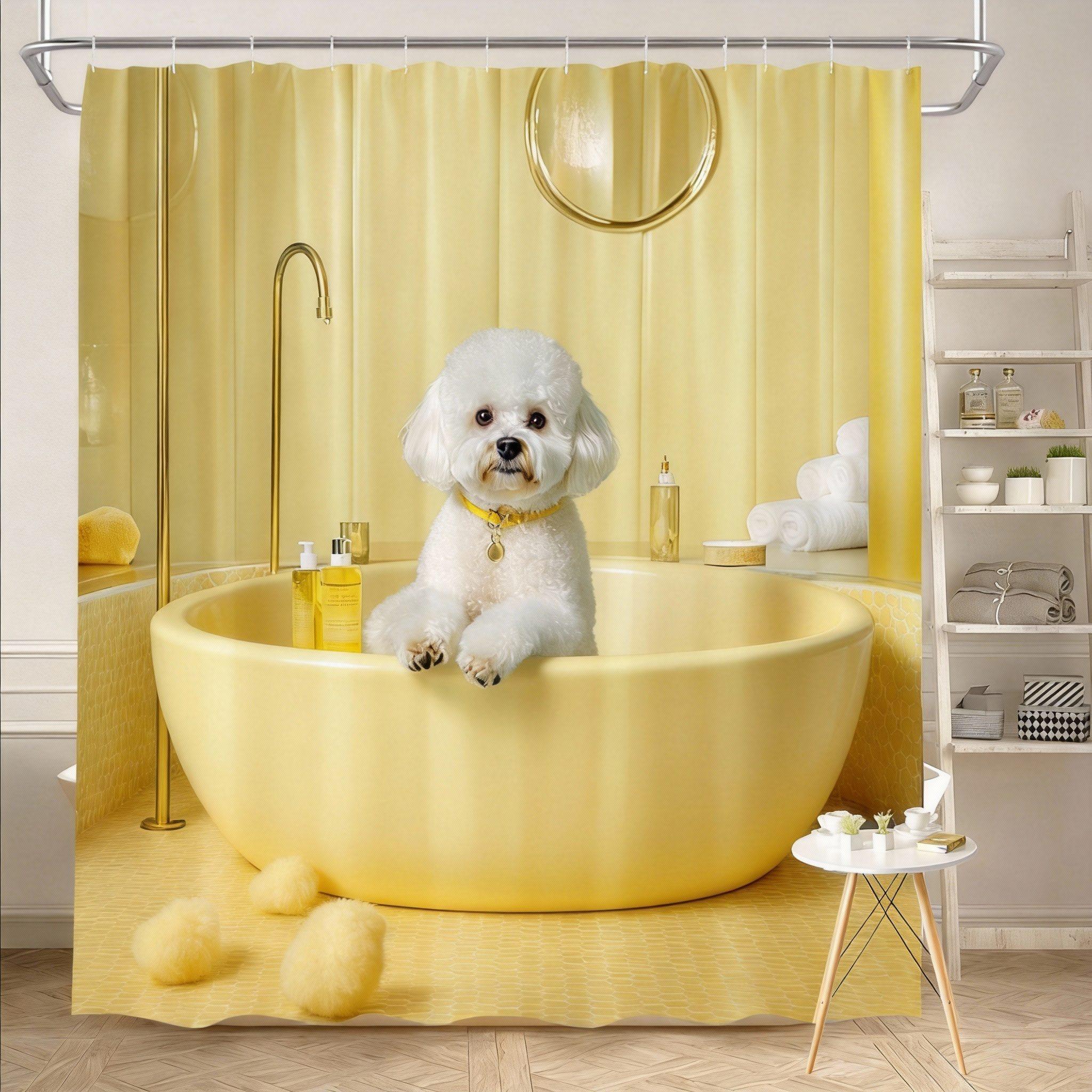

Poodle Shower Curtain 180X180Cm – Fluffy Dog In Pastel Blue Bathtub, Mosaic Tile Bathroom Decor, 12 Hooks W60H190(CM)-1 Pcs
