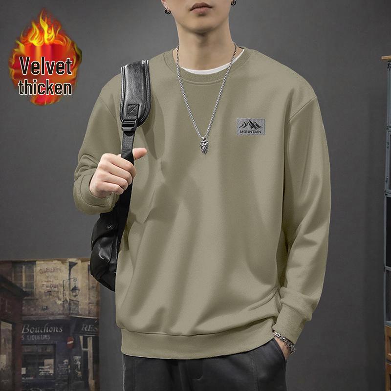 Men's Trendy Hong Kong Style Loose Fit Round Neck Sweatshirt, Autumn/Winter, Plus Velvet, 420g