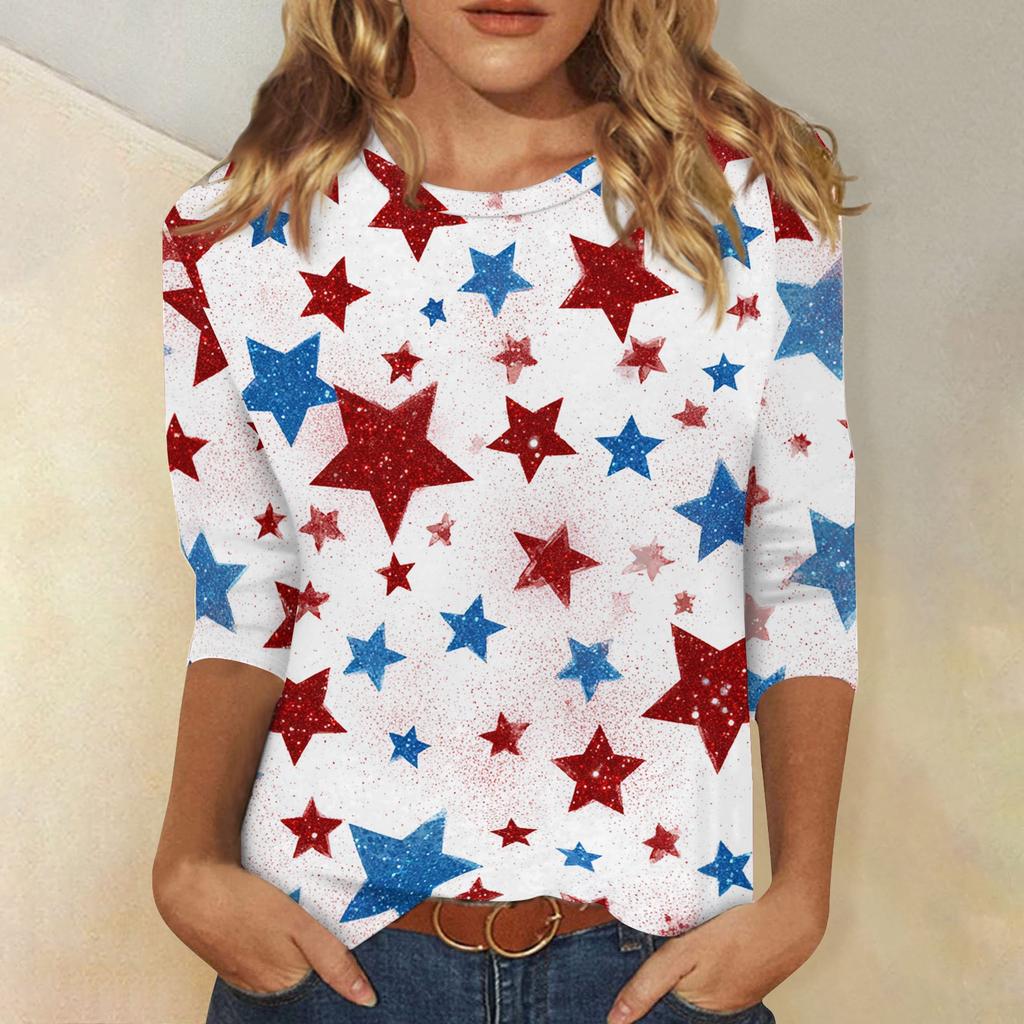 T-shirt Top Décontracté Tendance pour Femme Imprimé Drapeau Américain et Étoiles Fête de l'Indépendance Manches Trois-Quarts Col Rond