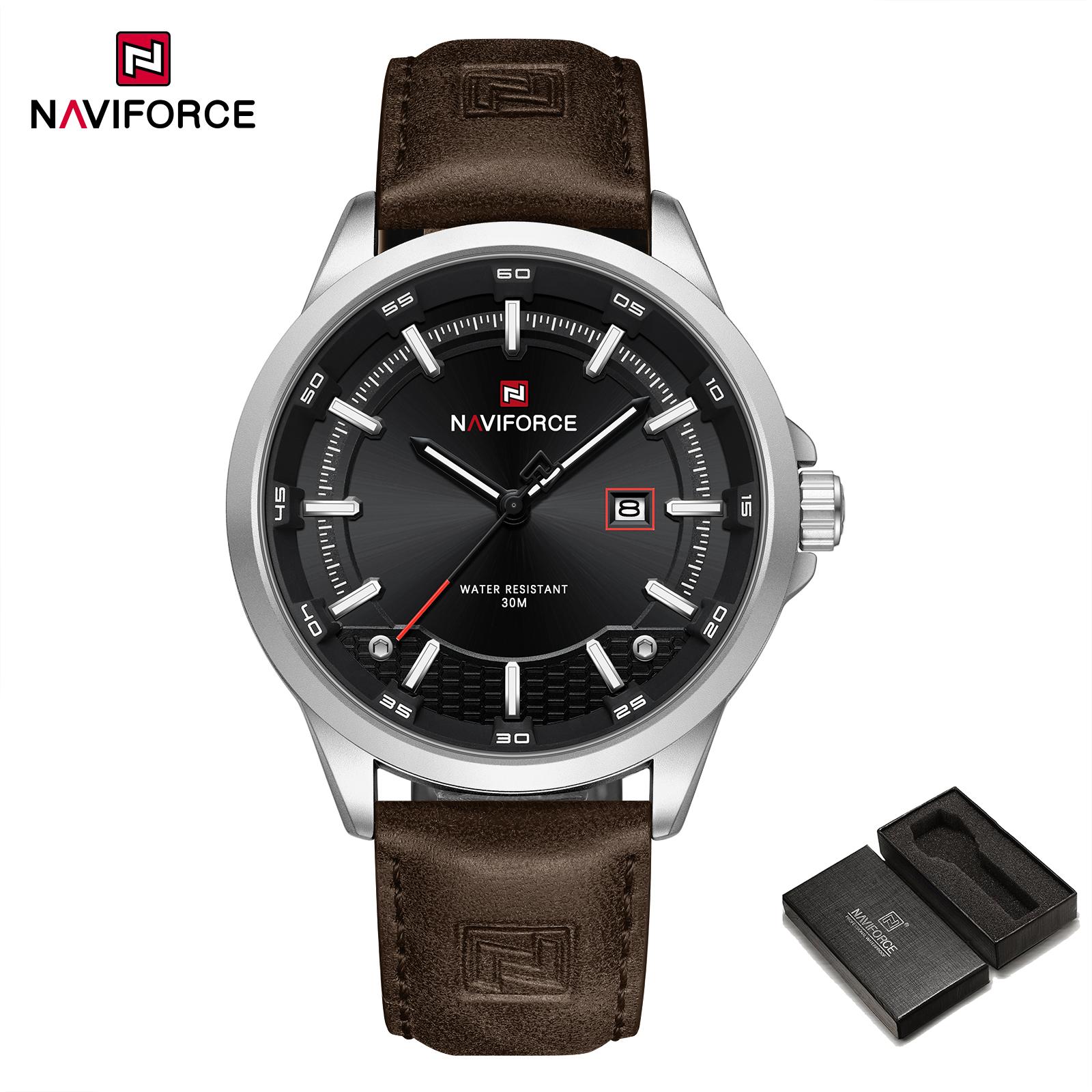 

Оригинальные кварцевые часы NAVIFORCE для мужчин, кожаный ремешок, простой круглый циферблат, люминесцентный календарь, водонепроницаемость 30 м, мужские повседневные часы NF9248L коричневый/чёрный