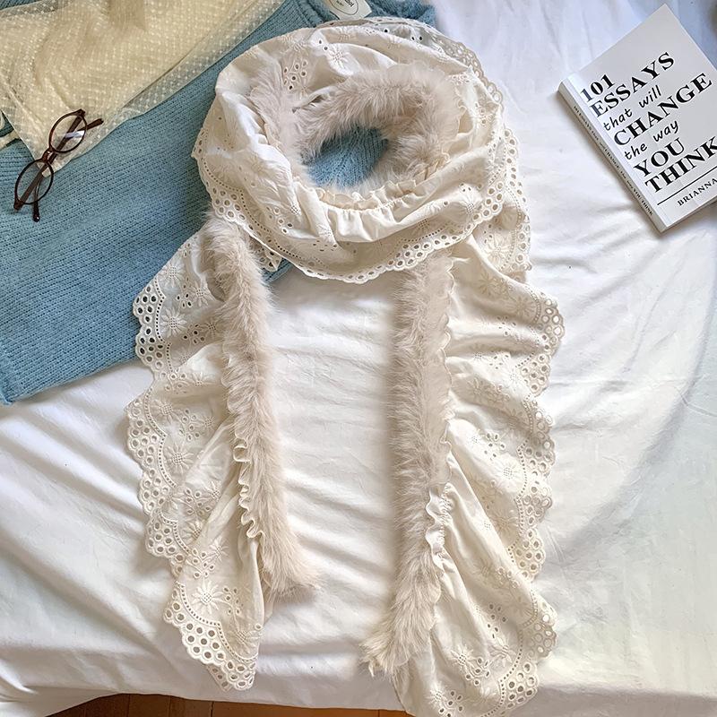 Sweet Korean Style Y2K Scarf Women Winter Soft Warm Scarf Harajuku Lace Patchwork Plush Scarf