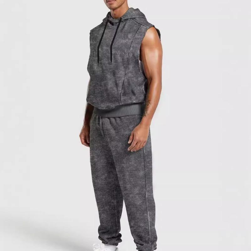 Mens Sleeveless Hoodie and Joggers 2 Piece Washed Casual Set S