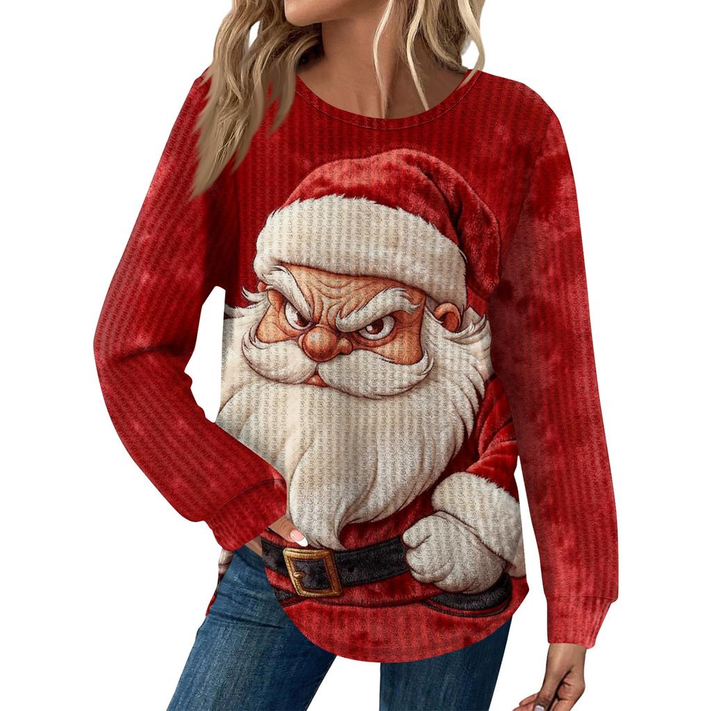 Dámská móda Ležérní Volný Top s kulatým výstřihem a dlouhým rukávem s vánočním potiskem