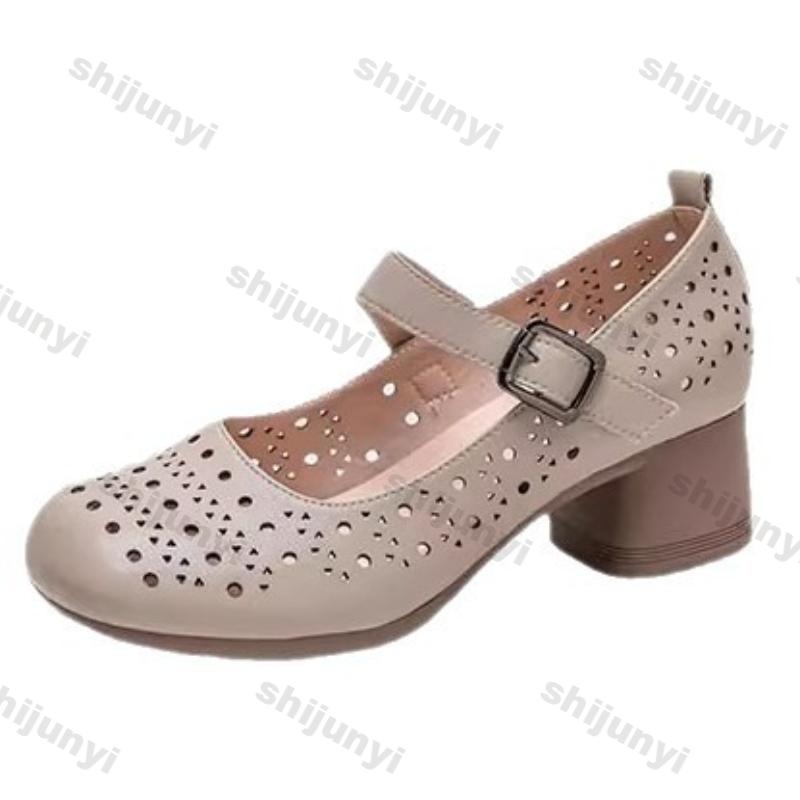Fashion Elegant Medium Heel Women's Shoes Summer Autumn Fashion Buckle Strap Vintage Hollow Sandals Comfortable Non Slip Mary Jane Shoes