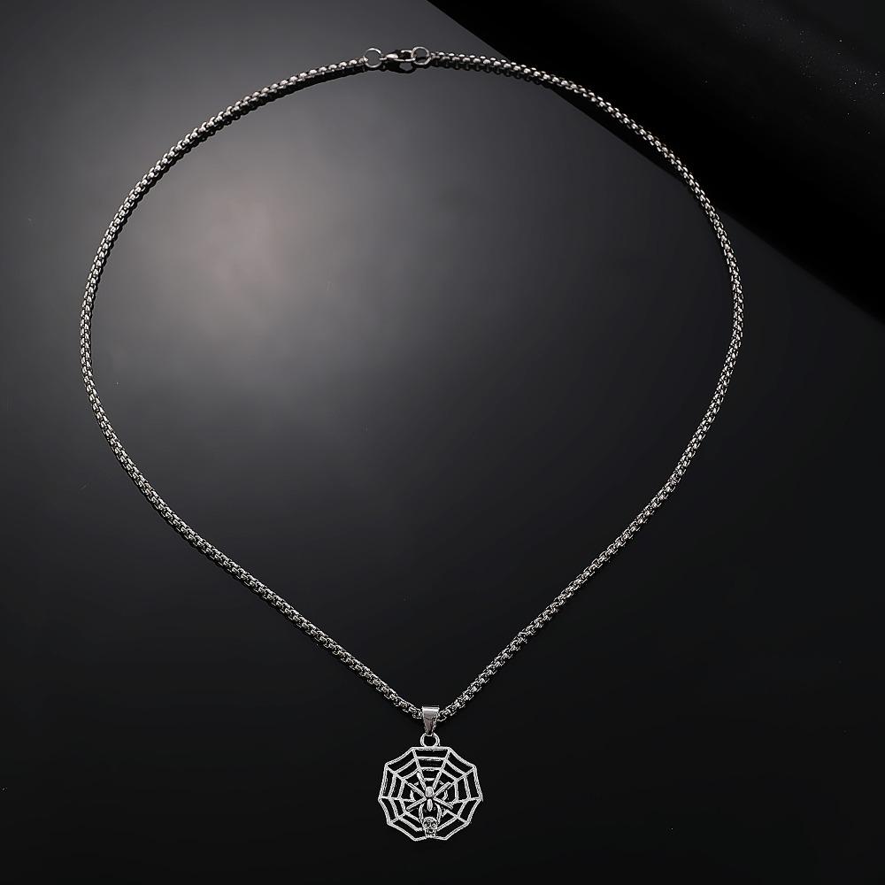 Exaggerated Punk Sliver Color Skull Palm Spider Web Pendant Box Chain Necklace for Women Halloween Party Collar Chain Jewelry