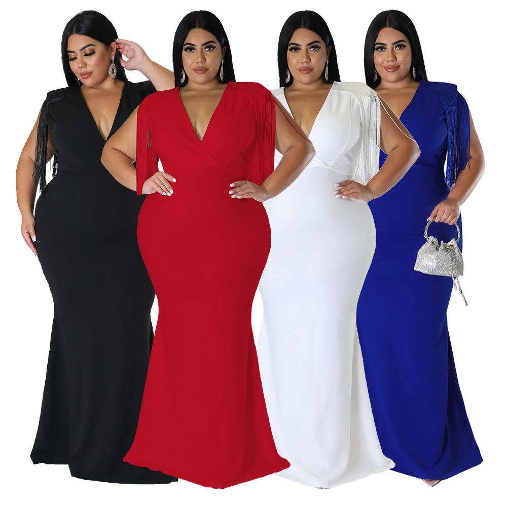Plus Size Fringe V Neck Maxi Dress Long Sleeve Mermaid Gown Curvy Bodycon Fishtail Long Dress Sexy Tassel Shoulder Evening Party Formal Wedding Gown