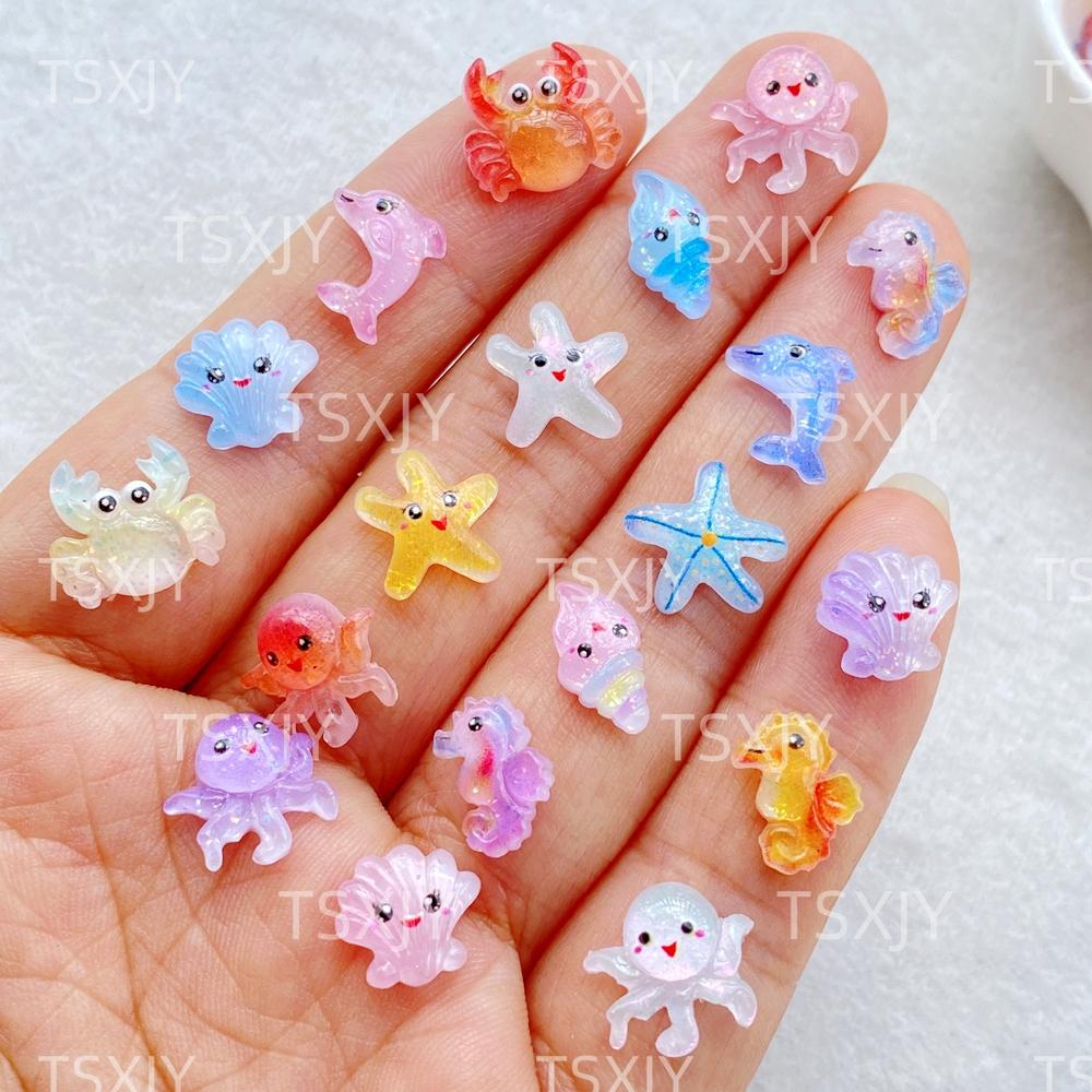50Pcs New Nail Art Mini Cartoon Ocean: Dolphins, Crabs, Starfish, Shells Charms Rhinestones DIY Craft For Nail 3D Decorations