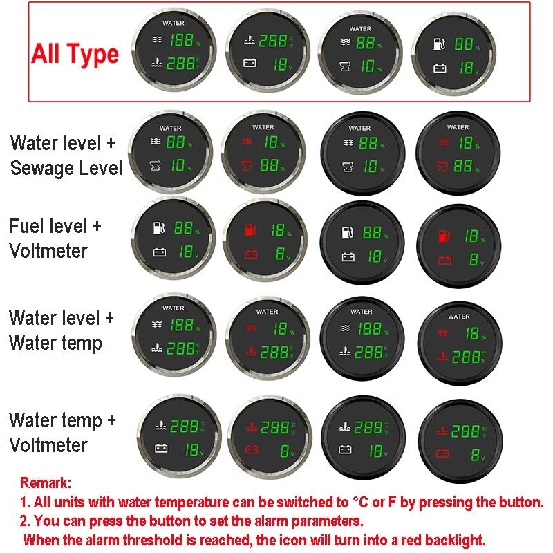

IP66 Waterproof 52MM Dual Gauge Water Temp Gauge+VOLT Fuel Water Level Gauge+VOLT HTG Sewage Level Meter With Alarm LED Meter