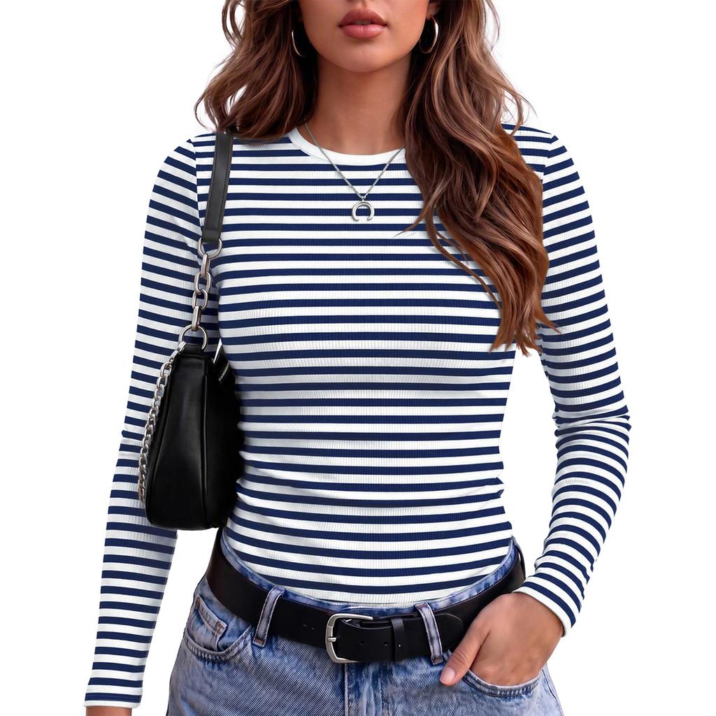 Dames Slim Fit Lange Mouwen Gestreept Nek T-shirt