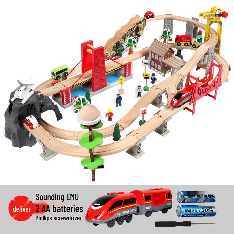 100-Piece City Railway Electric Train Set with Elevated Wooden Tracks