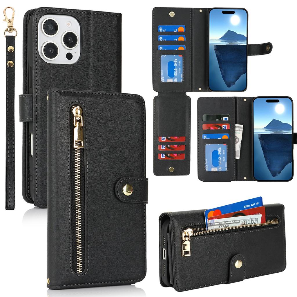 For iPhone 16 Pro Max Stand Case PU Leather Phone Cover with Straps/Zipper Wallet/Multiple Card Slots