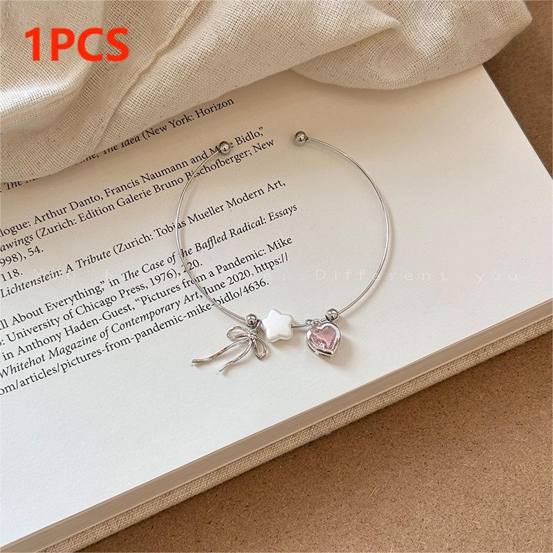 Romantic Pink Crystal Heart Pendant Bangles For Women Silver Color Small Square Bead Bow Bracelet Good Friend Jewelry Gift