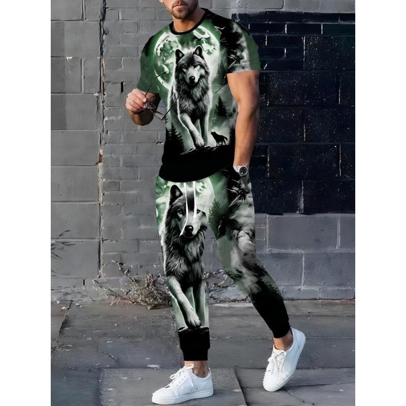 Men's short-sleeved long pants sports suit | Elegant casual round neck | Stretchable knitted 3D print | Regular fit two-piece set