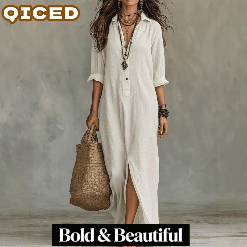 QICED Fashion Autumn Winter V-Neck Long Sleeve Solid Color Print Casual Dresses