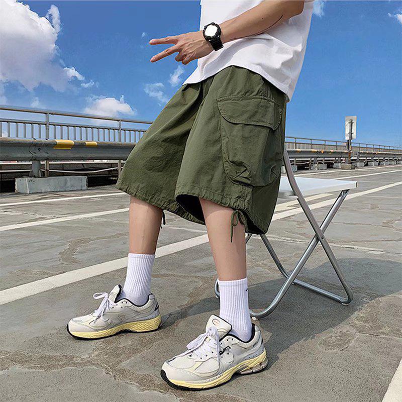 Pantalones de Trabajo de Verano Retro con Bolsillo Grande 7 Puntos para Hombre Verano Finos Ropa de Trabajo Pierna Ancha Sueltos Shorts por Encima de la Rodilla