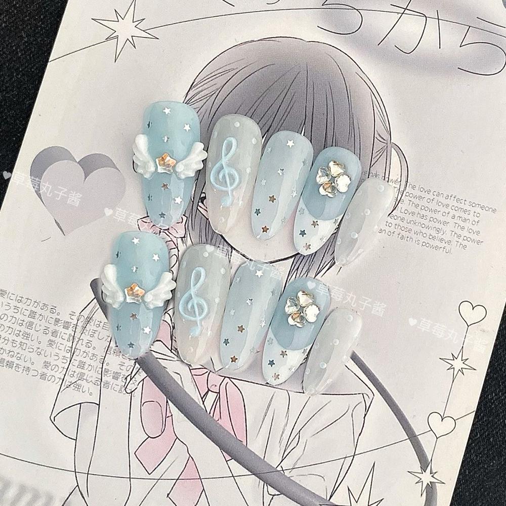 10Pcs Y2K Handmade Press On Nails Short Square Cartoon Stickers Pearl Wings Heart Bow Holiday Gift