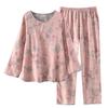 Women's new yarn-dyed pure cotton rich bamboo women's round neck retro pajamas long sleeves trousers set loungewear