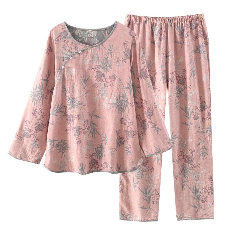Women's new yarn-dyed pure cotton rich bamboo women's round neck retro pajamas long sleeves trousers set loungewear