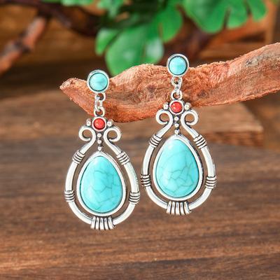 Hot Sale Bohemian Vintage Earrings Leaf Droplet Shaped Handmade Rice Bead Woven Tassel Turquoise Earrings