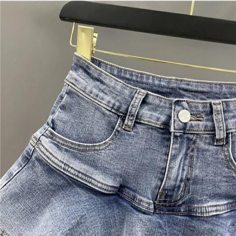Vintage Spodenki Jeansowe Spódniczki Damskie Lato 2026 Streetwear Spierane Kawaii Urocze Seksowne Falbanki Mini Jeansowe Saias Damskie