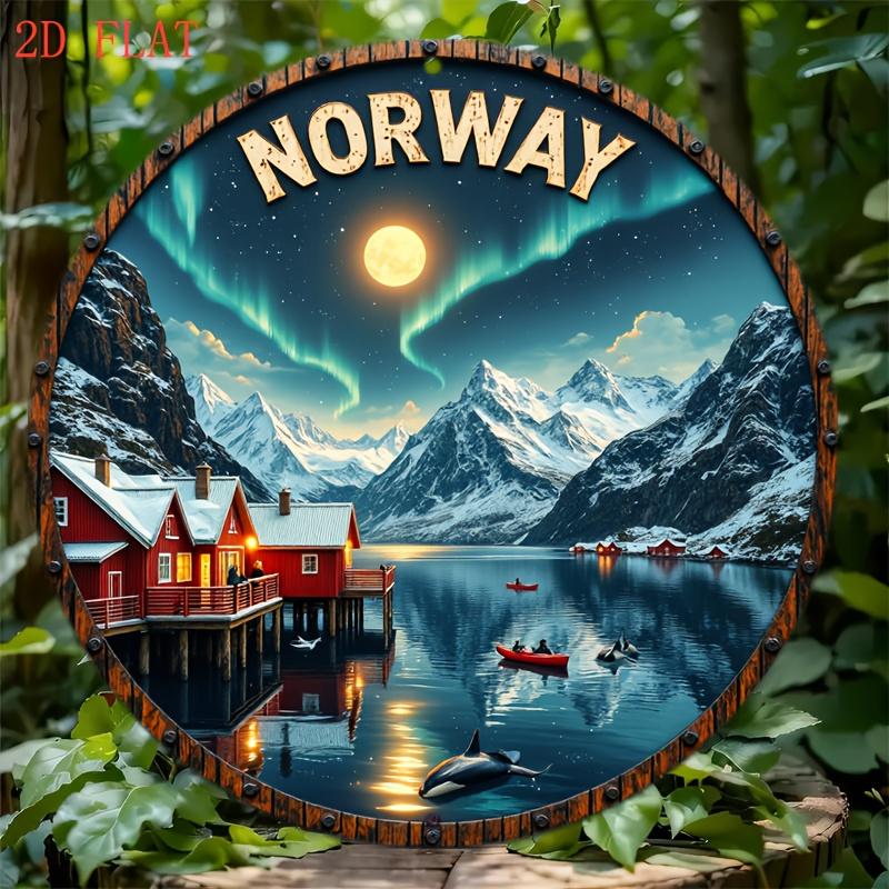 1pc 8-Inch Norway Northern Lights Wall Art - Rustic Scandinavian Metal Sign with Aurora Borealis Fjords Norwegian Flag Letter