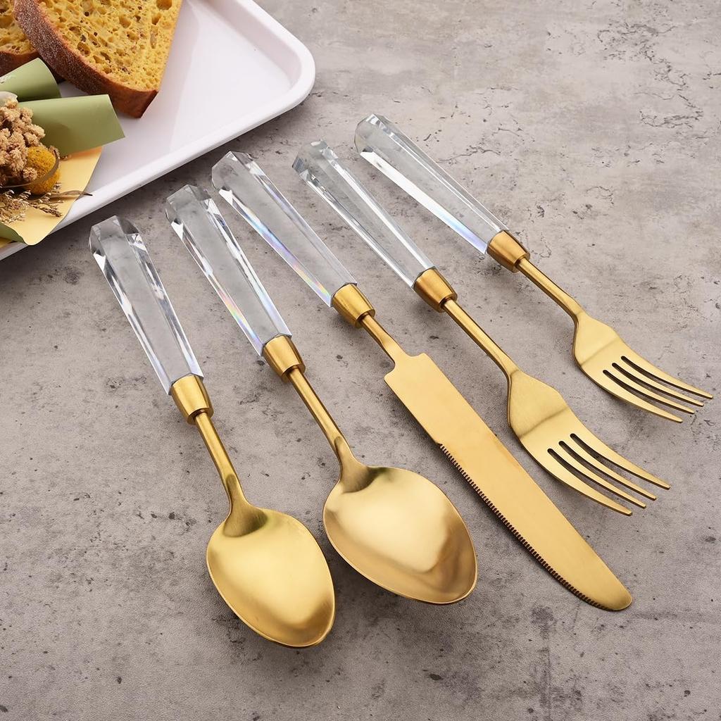 4Piece Gold Stainless Steel Flatware Set with Clear Acrylic Handle Matte Eating Utensils Dishwasher Safe