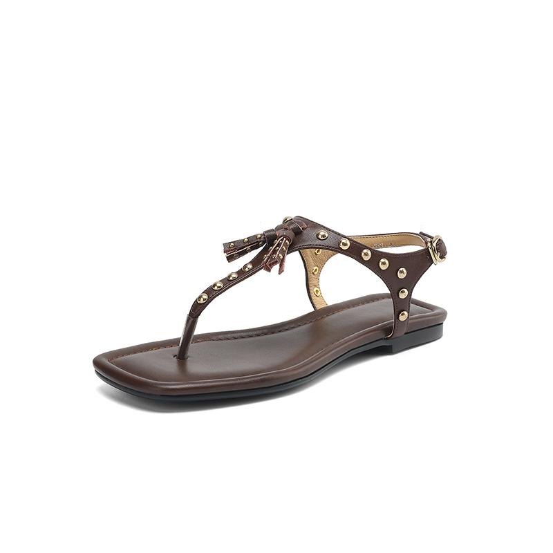 

Fashion NEW Summer Women Sandals Split Leather Shoes for Women Open Toe Low Heel Shoes Retro Rivet Tassel Sandals Buckle Strap Flip-flop 40 коричневый