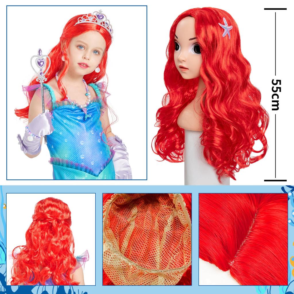 Ariel Dress Luxury Set Cosplay Dress Mermaid Costume for Kids Princess Dress Cosplay Costume Gloves Wand Wig Crown Necklace Earrings Bracelet 120