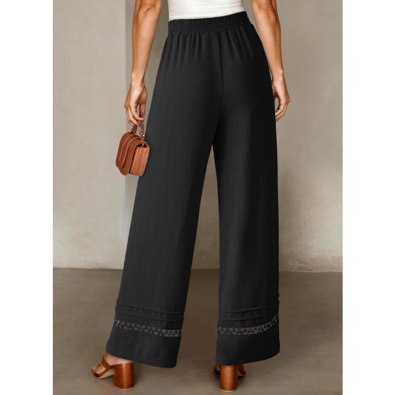 Casual Loose High Waist Solid Straight Hollow Out Wide Leg Cropped Pants For Women