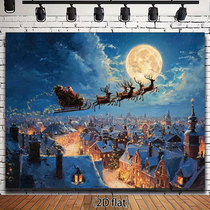 2D Christmas Night Backdrop, Santa Sleigh with Moon and City Lights Background