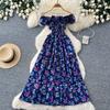 French sweet style square neck floral dress women's summer pleated waist strap A word temperament long dress red