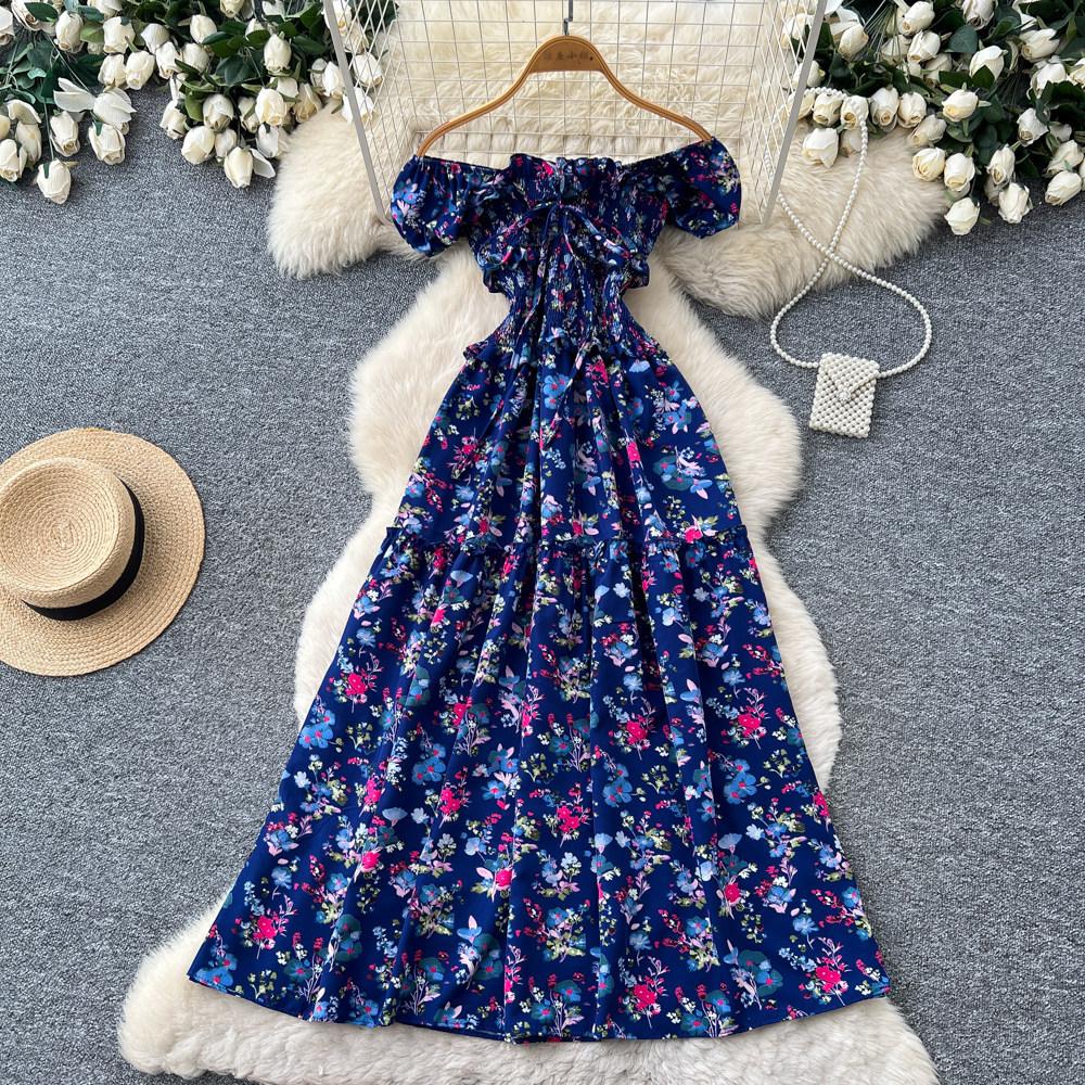 French sweet style square neck floral dress women's summer pleated waist strap A word temperament long dress red