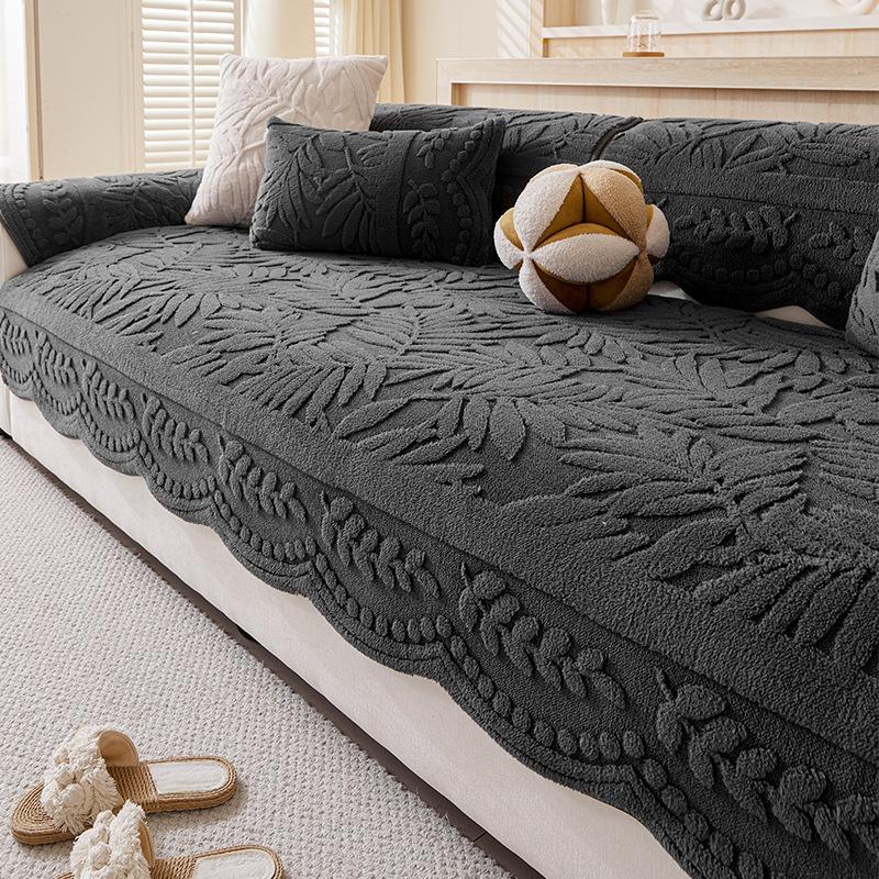 

1 шт. Толстый искусственный кроличий мех Зимний теплый чехол на диван - Элегантный бежевый с цветочными и лиственными узорами, Защитник дивана для 1-4-местных диванов 90*160cm