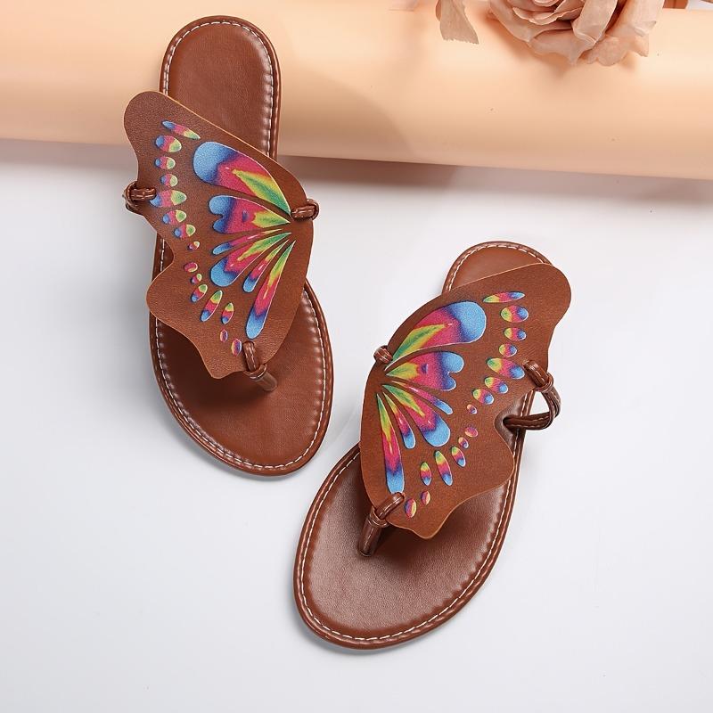 Stylish Women's Butterfly Print Slide Sandals | Faux Cover Upper & Rubber Sole | Versatile All-Season Footwear | Fashionable Clip Toe, Slip-On Flats