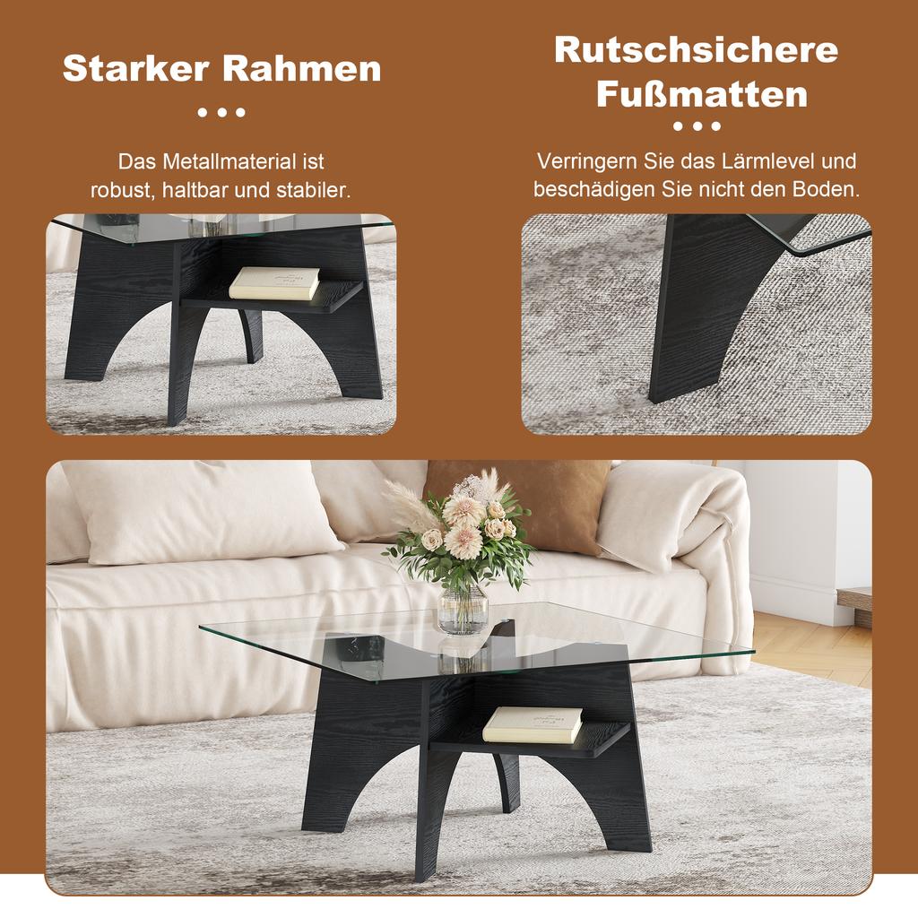 Modern Square Side Table Made of Safety Glass - 80 cm Side Length. Table Legs Made of MDF with Black Wood Look. Ideal for Dining Room, Office etc.