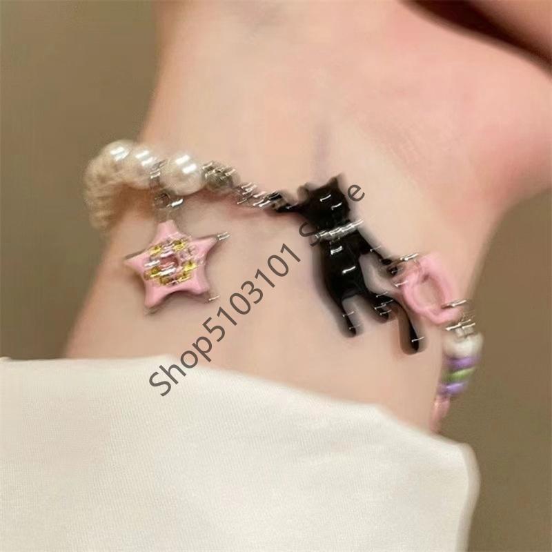 X6HE Unique Black Cats Star Pearls Bracelet Adjustable Length Y2K Inspired Pearls Charm Wrist Chain Jewelry For Teen Girls