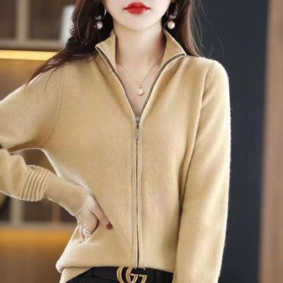 Vår og høst Yttertøy Dame Glidelås Strikket Cardigan Allsidig Solid Krage Midje Lukking Koreansk Dame Cardigan Genser