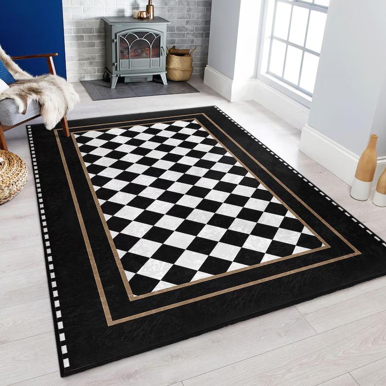 Quadratische Schachbrett-Teppichmatte Rutschfest Kinderzimmer Dekor Matte Teppich Schach-Teppich Schwarzer Teppich mit Gold Wohnzimmer Spielzimmer Heimdekoration Teppiche