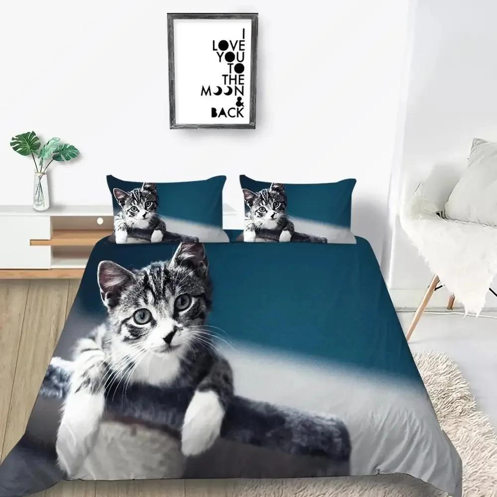 Set Husă Plapumă Pisică Mărime King Microfibră Imprimeu Animal Drăguț Fată Adolescent Băiat Husă Plapumă Model Serie Pisicuță Drăguță Set Lenjerie de Pat