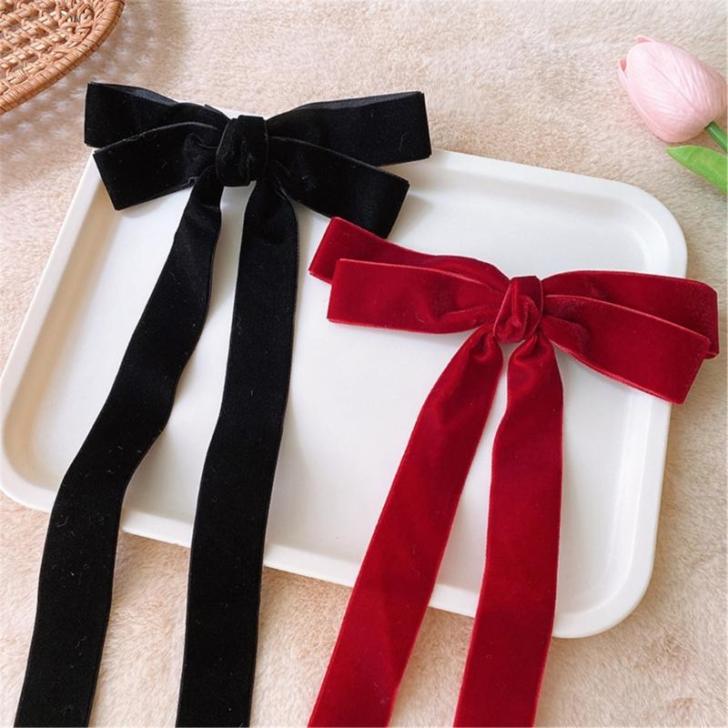 Long Ribbon Bowknot Velveted Hair Clip for Women and Girl Large Barrettes Ponytail Holder for Various Hair Styling Clip
