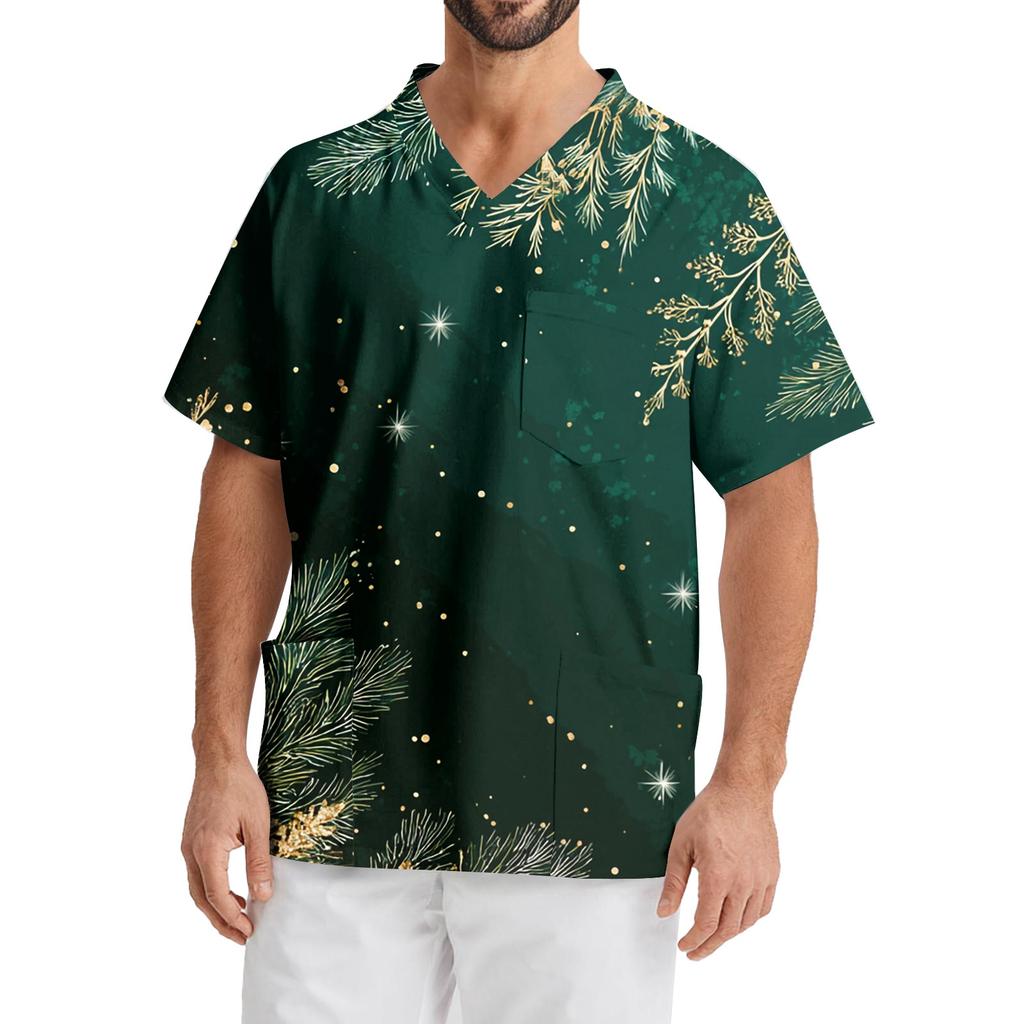 Bedrucktes kurzärmliges Herren-Arbeitsbluse mit V-Ausschnitt und Brusttasche für Pfleger