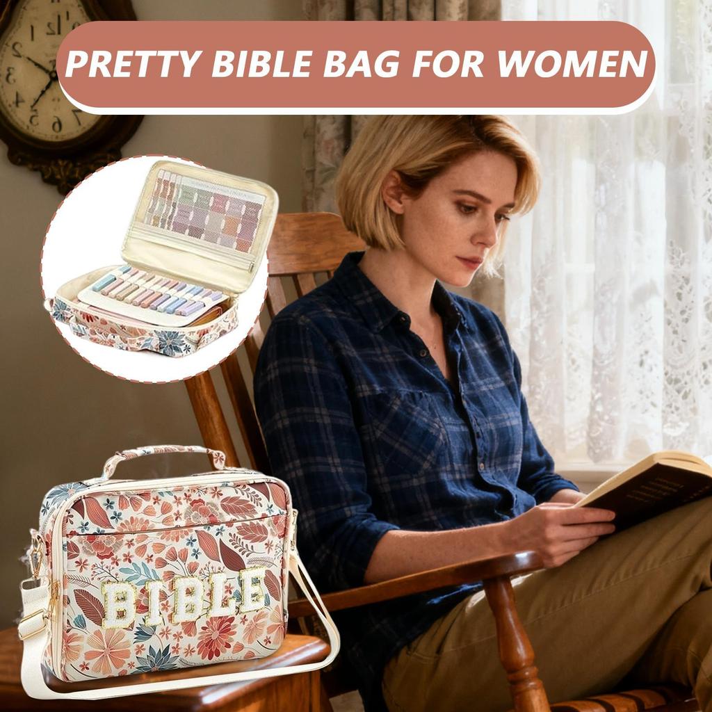 Bible Cover Chenille Letter Adjustable Shoulder Strap Church Tote Flowers Print Bible Carrier With Handle For Women Teacher